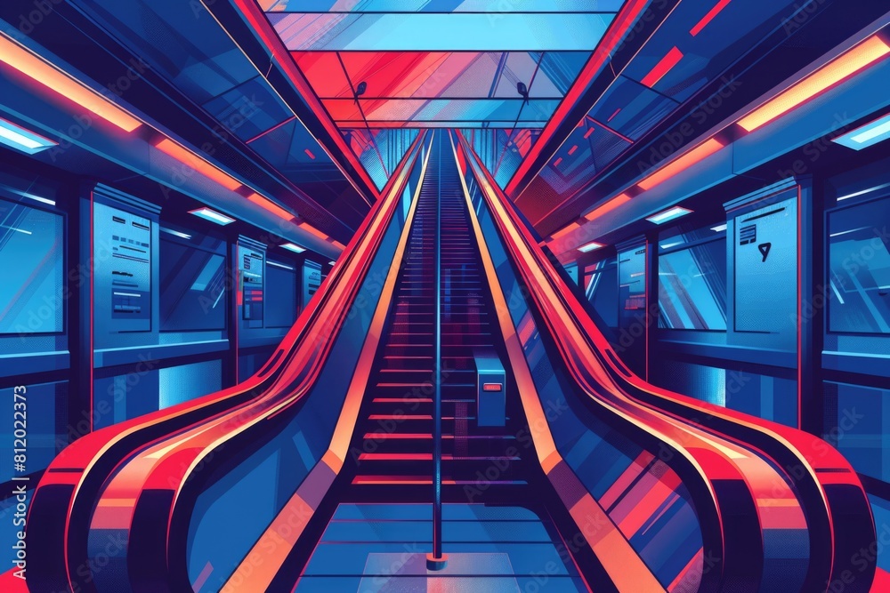 Poster an escalator in a subway station with vibrant red and blue lights. suitable for transportation or te