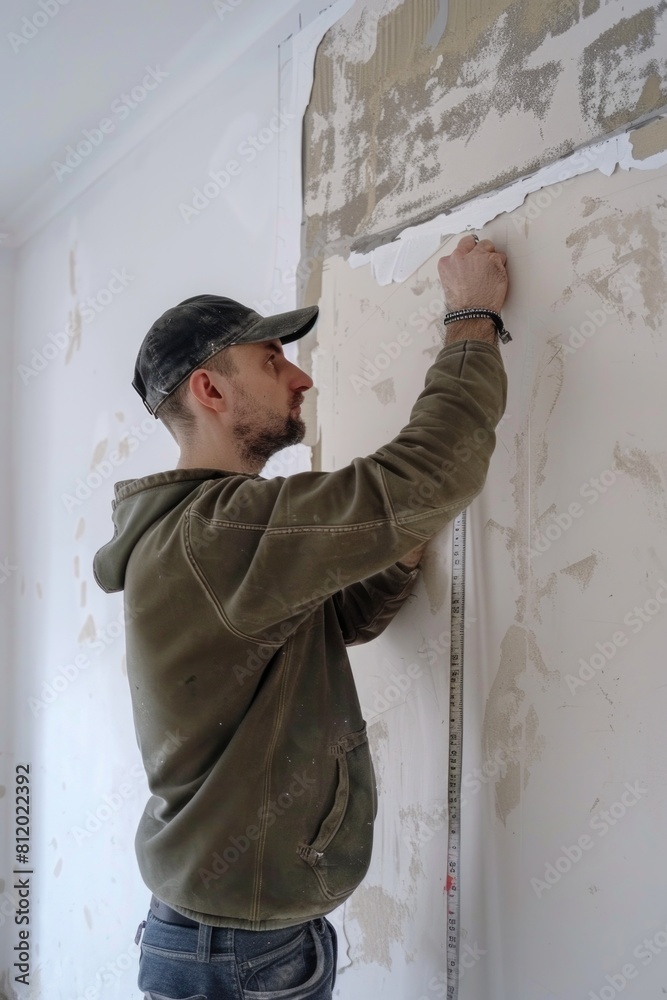 Poster A man using a tape measure to measure a wall. Suitable for construction and home improvement concepts