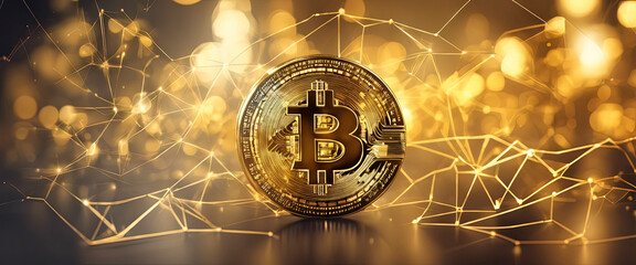 Naklejka premium Gold cryptocurrency on a blurred background with coins.