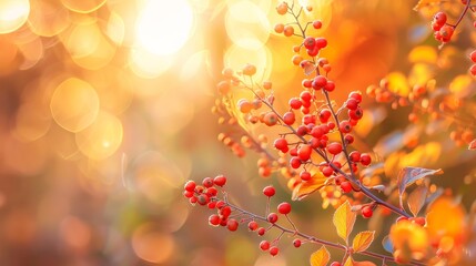 Vibrant still life with barberry branches and berries in beautiful autumn sunlight, bokeh