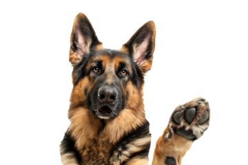 Adorable black brown German Shepherd dog with paw raised isolated on white or transparent background. German Shepherd dog touching virtual screen with its paw.