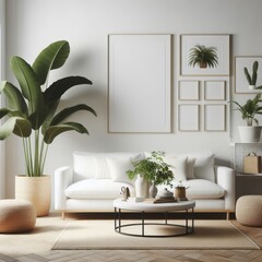 A living room with a template mockup poster empty white and with a couch and plants image art harmony has illustrative meaning.