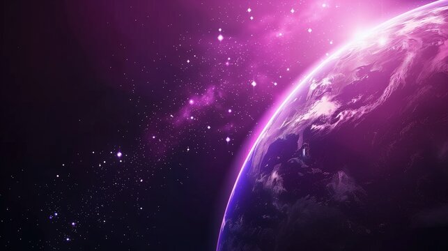 Ukazuje się Ziemia w całej swojej okazałości, unosząc się nad horyzontem w przestrzeni kosmicznej, wydająca się malutkim punktem na tle ciemnoliliowej galaktyki