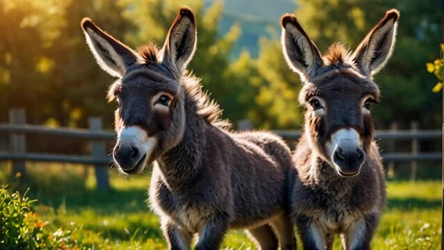 Cute donkey on a farm in summer