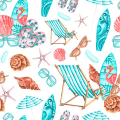 Sea watercolor seamless pattern. Travel, vacation. Surfboard, sun lounger, beach umbrella, shell, starfish, sunglasses, flip-flops. White background. For printing on packaging, fabric, textiles