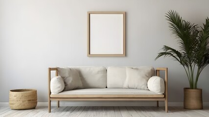 Empty mock up frame on wall  with long sofa 
