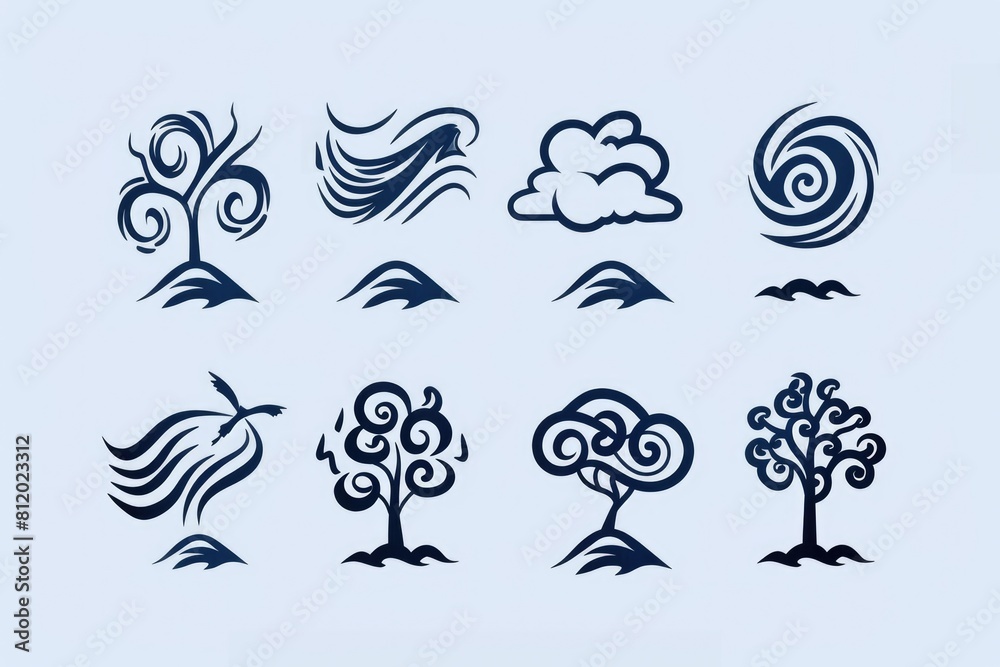 Poster stylized trees and clouds in artistic design, perfect for nature-themed projects