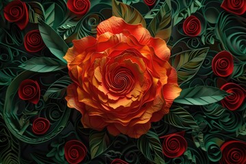 A large orange rose surrounded by green leaves. Perfect for floral designs