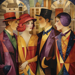 Illustrated vintage scene from a luxury party with well dressed people.