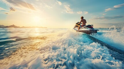 A person riding a jet ski on a sunny day at the beach. 