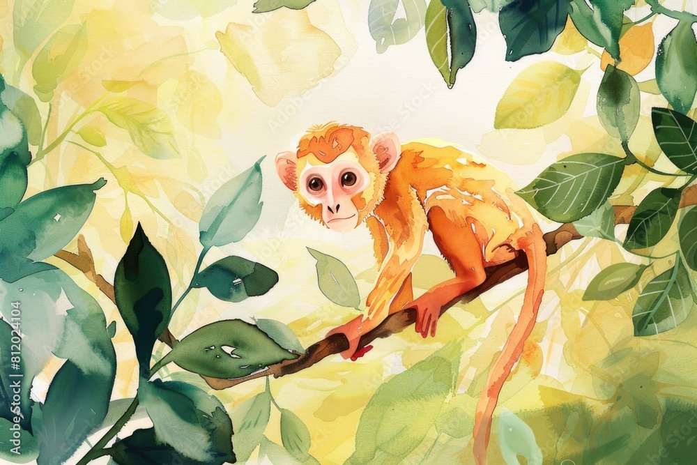 Poster a monkey sitting on a tree branch, suitable for nature themes