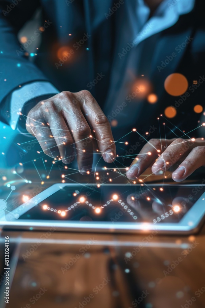 Poster Person using a digital tablet with a unique dotted pattern. Suitable for technology and communication concepts