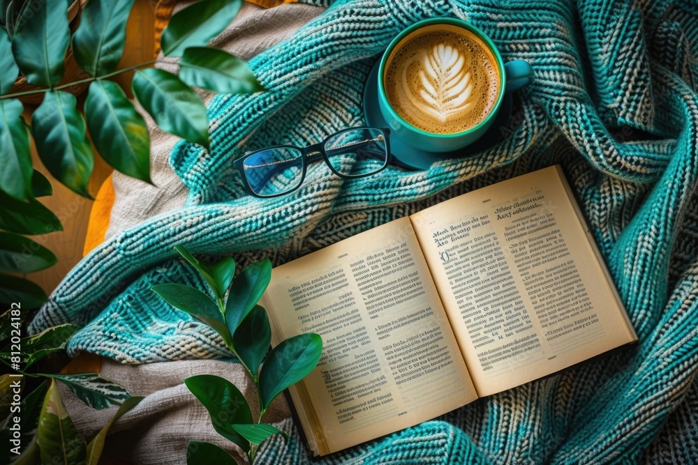 Poster a cozy scene with an open book and a cup of coffee on a blanket. perfect for relaxation and leisure 