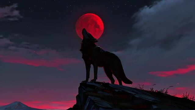 Lone Wolf, Black Wolf Gazes at Red Moon from Hilltop