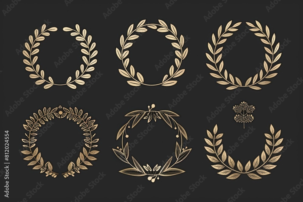 Poster four elegant golden wreaths on a dark backdrop. suitable for various festive occasions