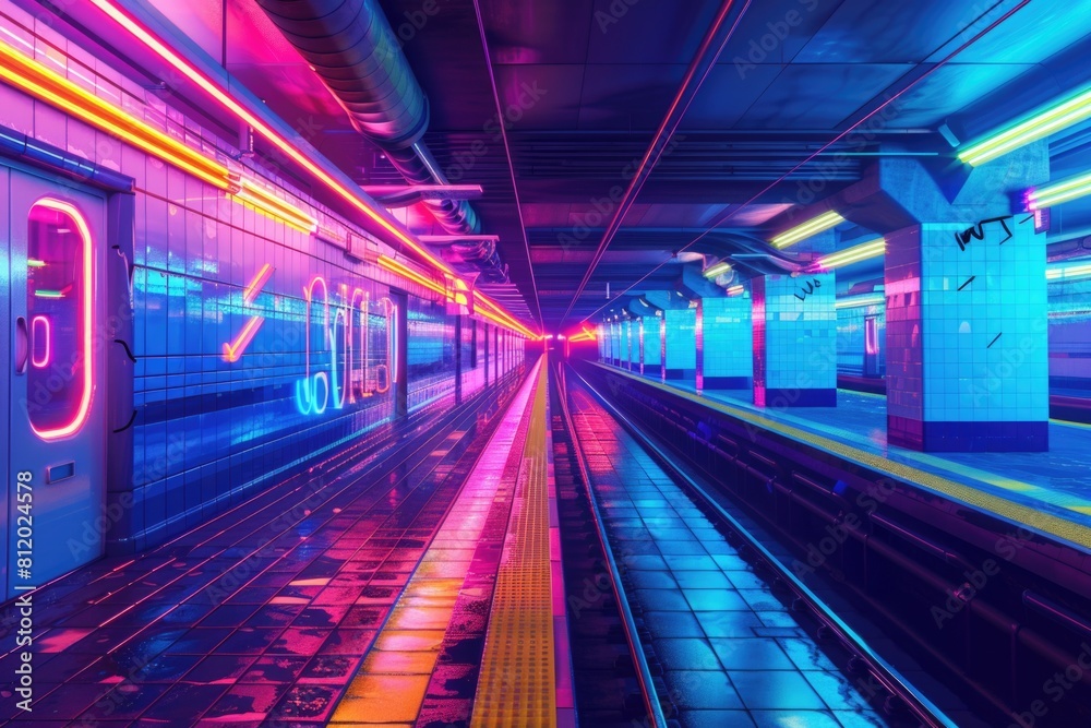 Poster A busy subway station with a train passing by. Suitable for transportation concepts
