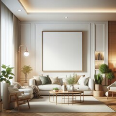 A living room with a template mockup poster empty white and with a large picture frame art realistic attractive has illustrative meaning.
