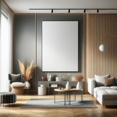 A living room with a template mockup poster empty white and with a large picture frame art realistic lively has illustrative meaning.