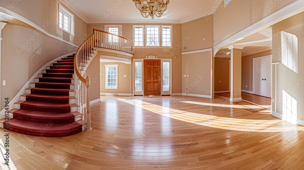 Wall mural Panoramic view from the corner of the entrance showing a sunlit burgundy staircase the wide front door and the expansive light hardwood floors beneath a high ceiling Corner panorama - Wall murals