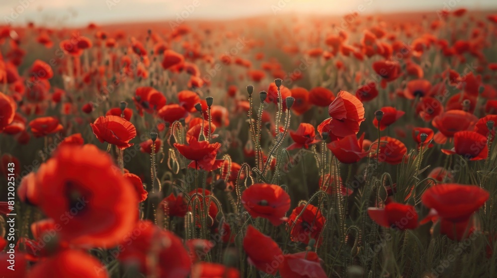 Poster beautiful field of red poppies with the sun setting in the background. perfect for nature and landsc