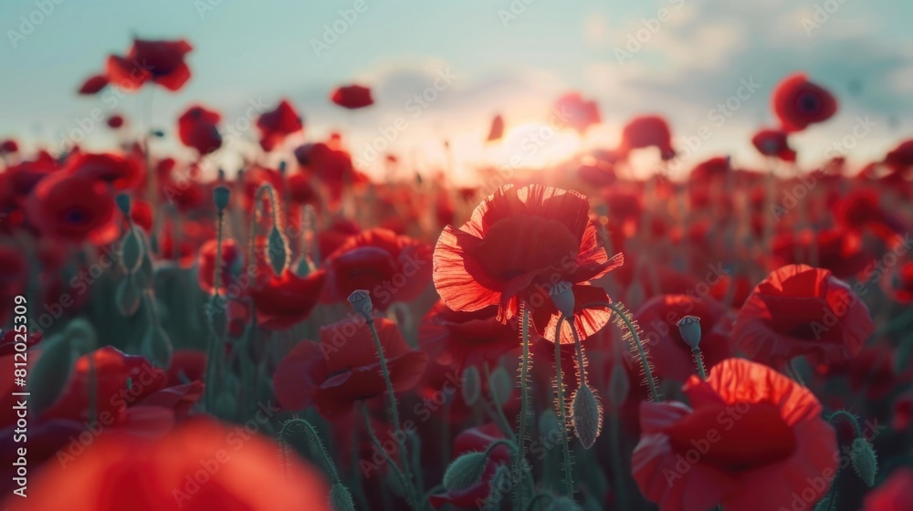 Poster a vibrant field of red poppies with the sun shining in the background. suitable for nature and summe