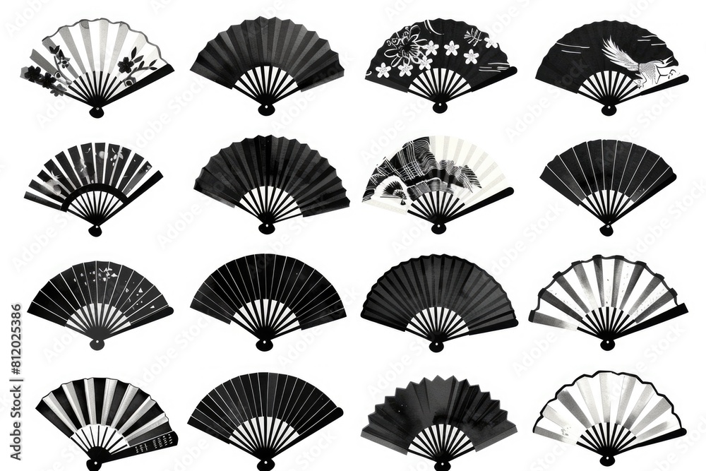 Poster a collection of black and white fan designs on a white background. suitable for various graphic desi