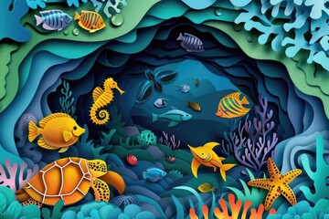 A group of sea animals swimming in the ocean. Suitable for marine life concepts
