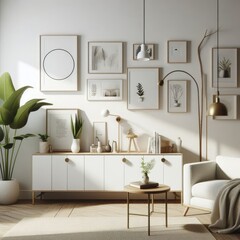 A living room with a template mockup poster empty white and with white furniture and plants art lively used for printing.