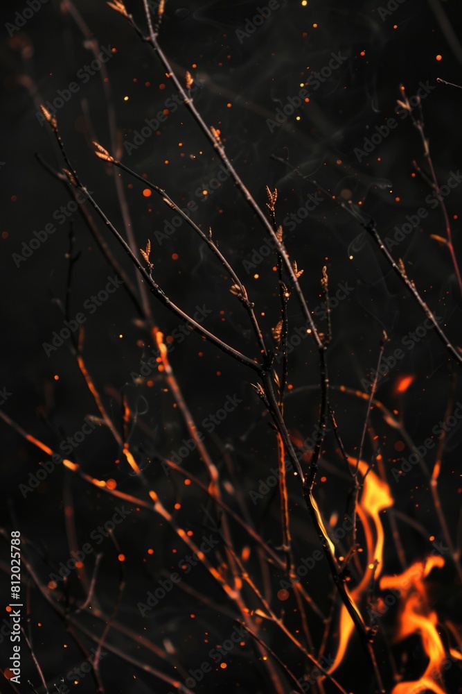 Poster A close up of a bush with fire in the background. Suitable for environmental and climate change concepts