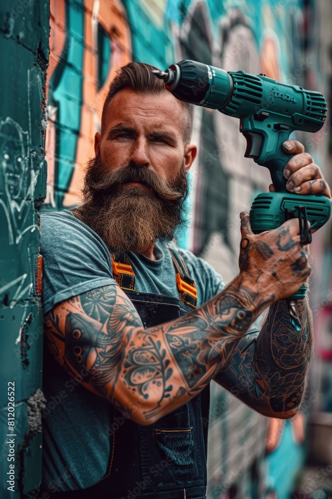 Poster a man with a beard holding a drill. suitable for construction or diy projects