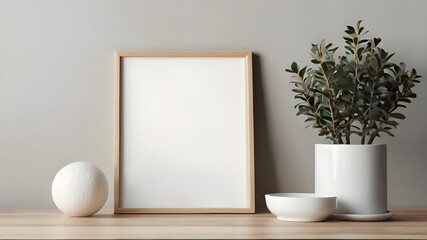 Empty vertical mock up frame with pot of plant