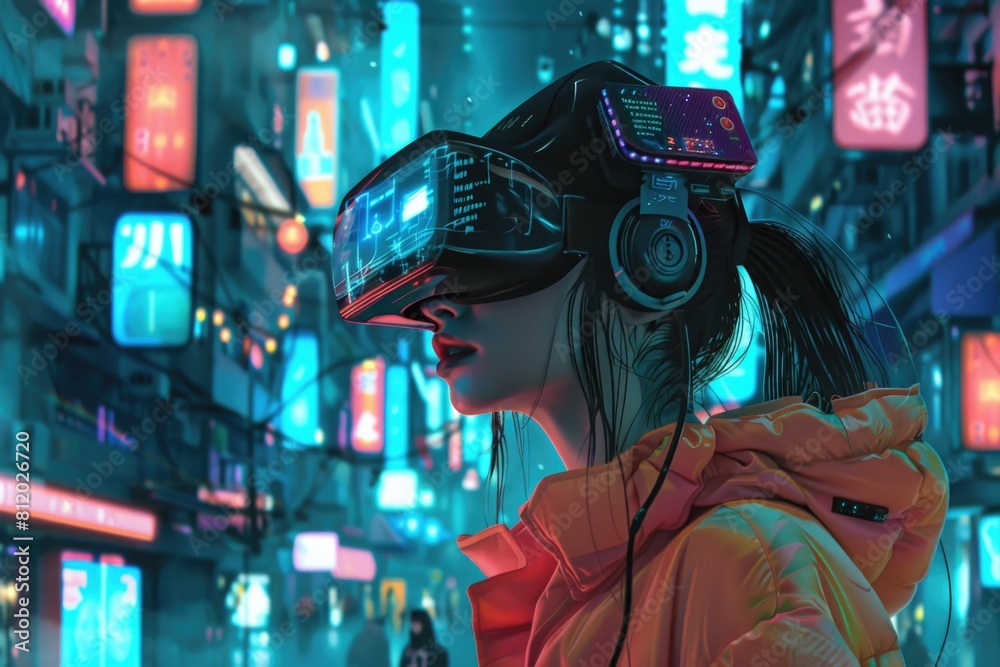 Aufkleber a woman experiencing virtual reality in an urban setting. great for technology and futuristic concep