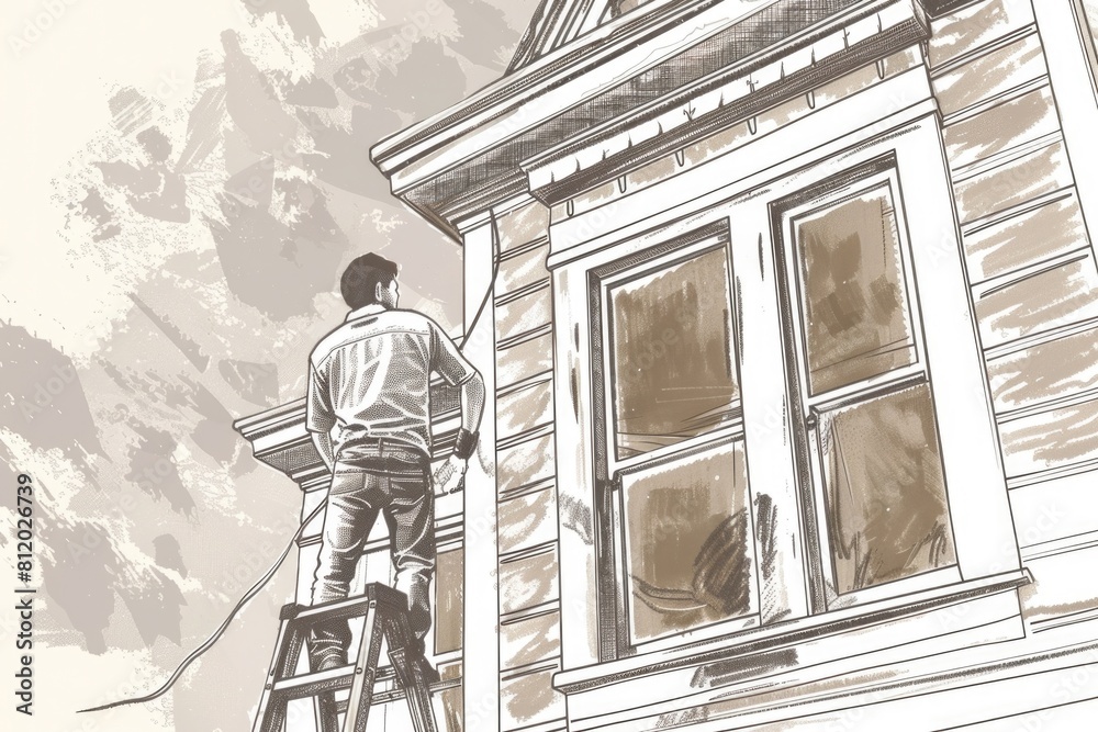 Poster man on ladder painting a window, useful for diy projects