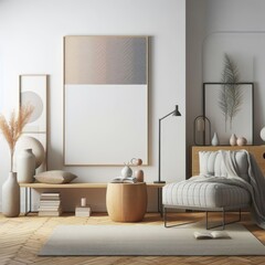 A Room with a template mockup poster empty white and with a couch and a table and vases image art realistic.