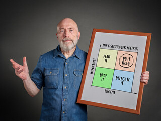 urgent versus important - Eisenhower matrix, productivity and task management concept - senior teacher, mentor or presenter, with white board