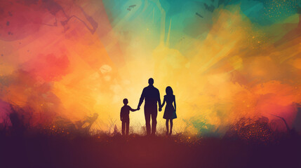 Fototapeta premium silhouette of a family, Fathers day colorful abstract background