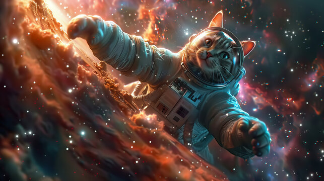 A cat astronaut floating in space surrounded by twinkling stars
