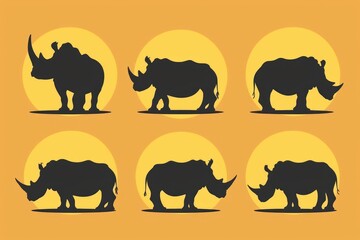 Silhouettes of four rhinos on a bright yellow background. Perfect for wildlife conservation projects
