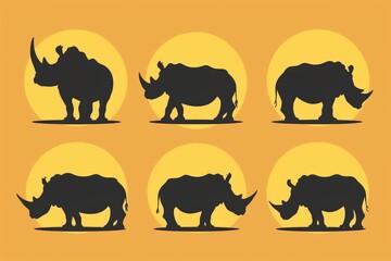 Obraz premium Silhouettes of four rhinos on a bright yellow background. Perfect for wildlife conservation projects