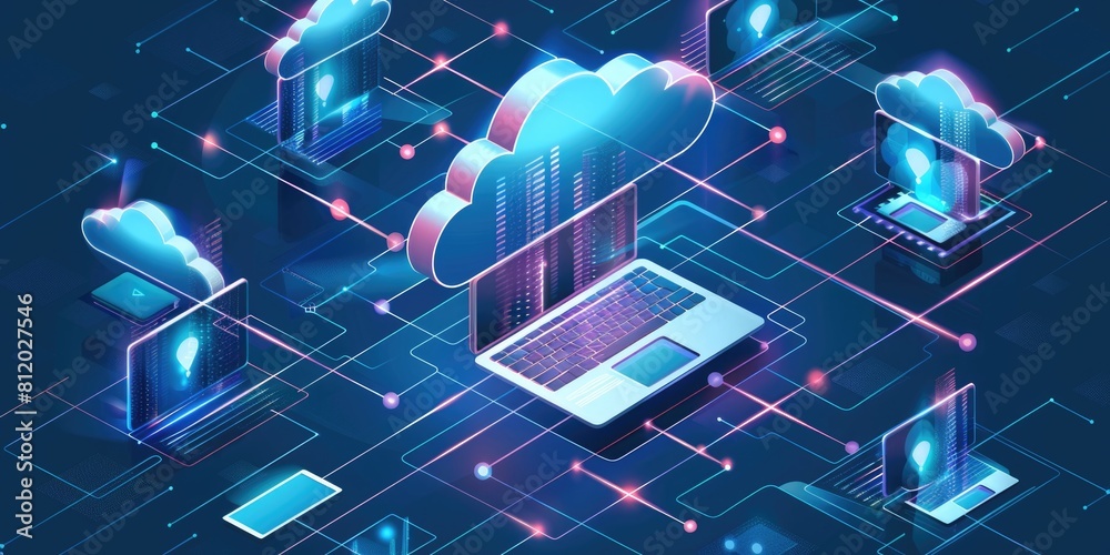 Poster A modern laptop computer placed on a fluffy white cloud, ideal for technology and cloud computing concepts
