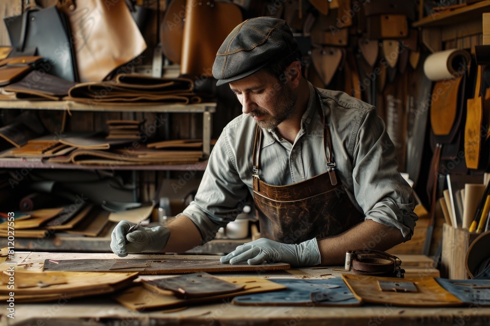 Poster a man working on a piece of wood in a workshop, suitable for woodworking projects