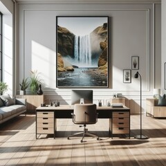 A Room with a template mockup poster empty white and with a desk and a picture of a waterfall realistic photo harmony.