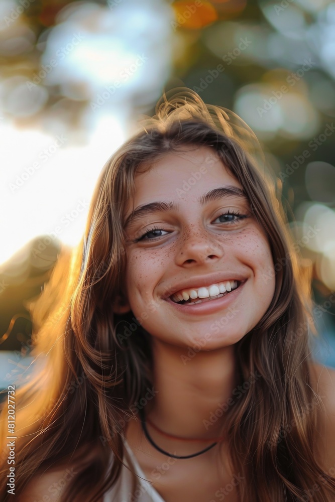 Poster a young woman with freckles smiling at the camera. suitable for various projects and designs