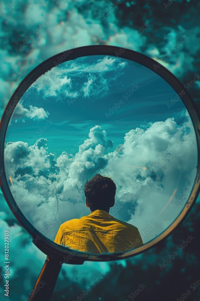 Poster a man using a magnifying lens to observe the sky. suitable for scientific and educational purposes
