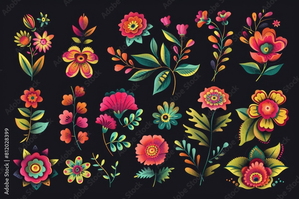 Poster vibrant flowers set against a dark backdrop, perfect for various design projects