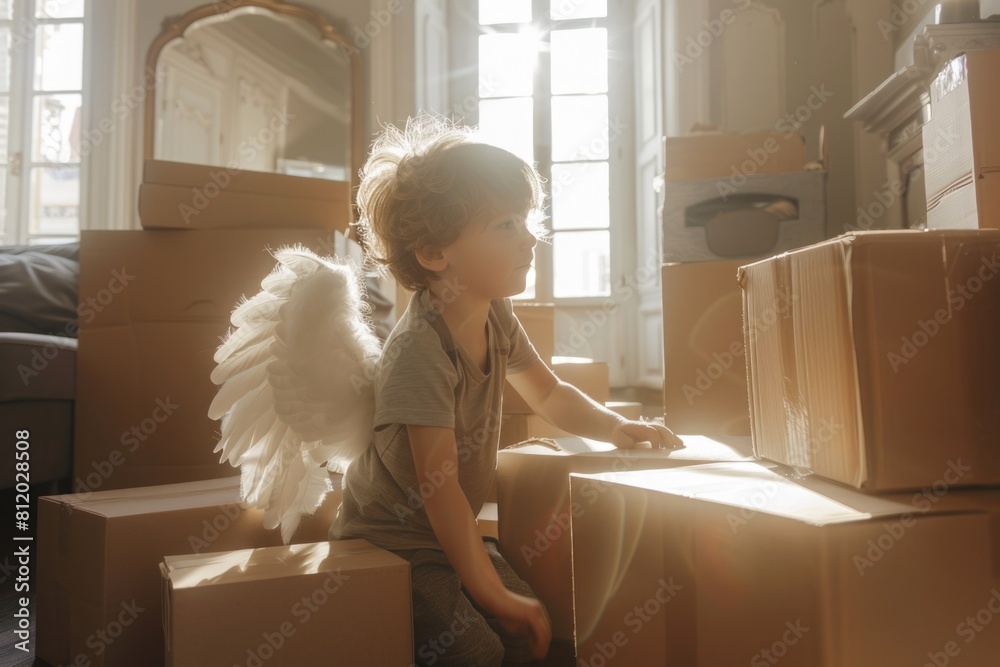 Poster a little girl sitting on top of a pile of boxes. suitable for various concepts and designs