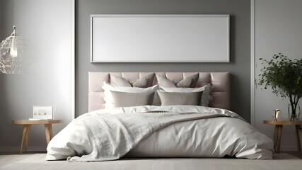 Blank mock up landscape frame in bedroom with bed 