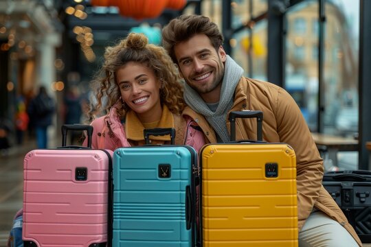 Delighted couple at airport terminal, eagerly anticipating their international travel