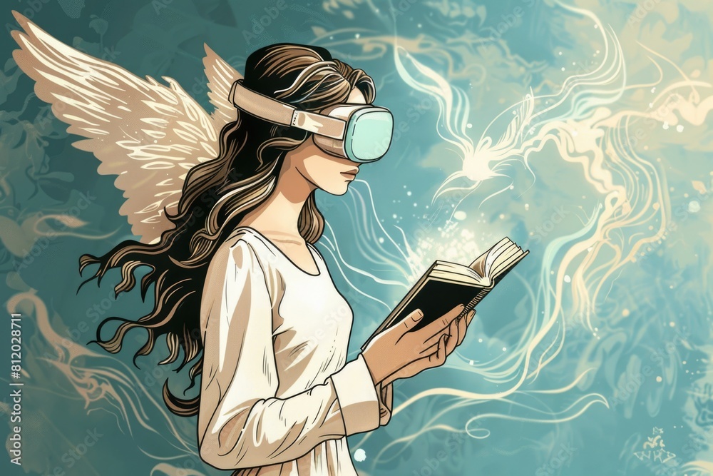 Aufkleber woman using virtual reality headset while reading a book. suitable for technology and education conc