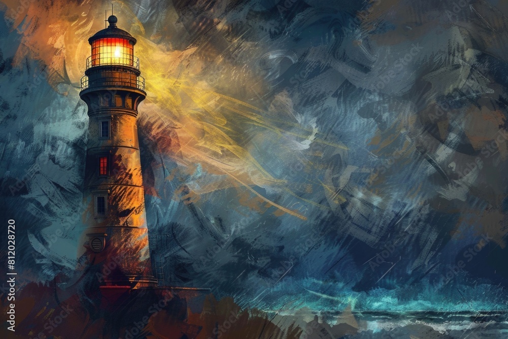 Poster a dramatic painting of a lighthouse on a stormy day. suitable for various design projects